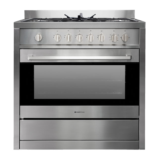 Sleek Parmco 900mm Full Gas Cooker with 4 burners, 107L oven, flame protection, and stylish stainless steel finish.