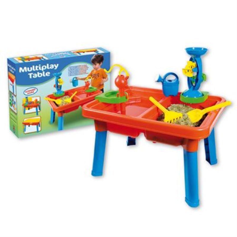 Colorful Summertime Water Table featuring two compartments for water and sand play, complete with accessories for endless fun.