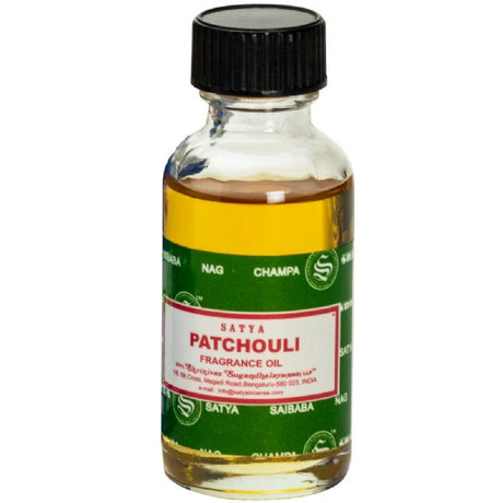 Satya Patchouli Fragrance Oil 30ml, featuring rich earthy notes, ideal for diffusers, candles, and creating a calming atmosphere.