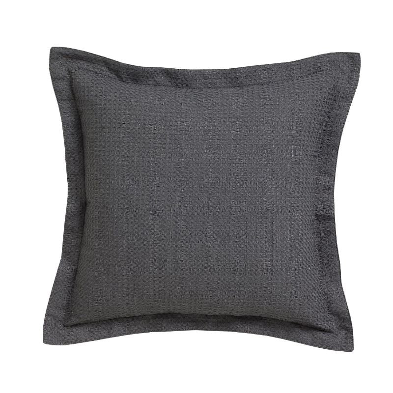 Square cushion in granite grey with textured waffle weave design, perfect for adding elegance and comfort to any room.