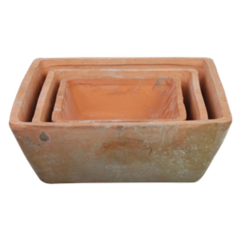 Set of 3 handcrafted terracotta square pots in Tuscan style, ideal for indoor and outdoor planting.