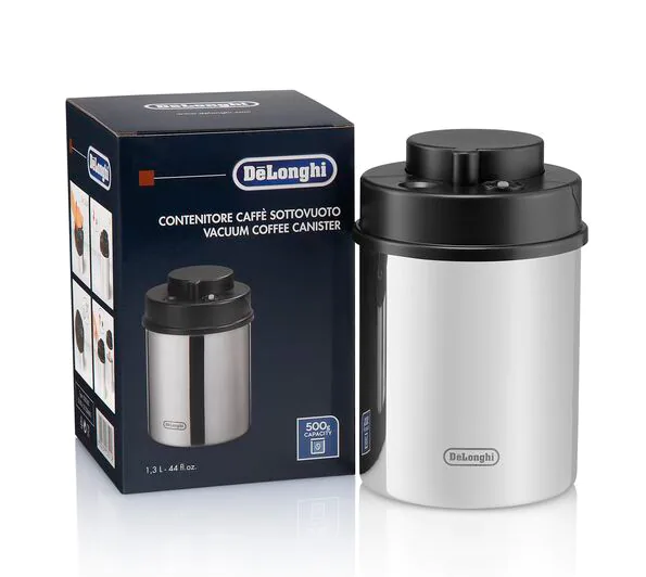 Sleek, stainless steel vacuum canister designed to keep coffee fresh for 15 days with a built-in date indicator.