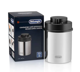 Sleek, stainless steel vacuum canister designed to keep coffee fresh for 15 days with a built-in date indicator.