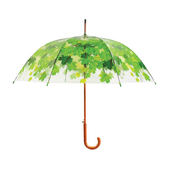 Transparent umbrella with tree top print and sturdy wooden shaft, perfect for stylish rain protection, measuring 93x88cm.