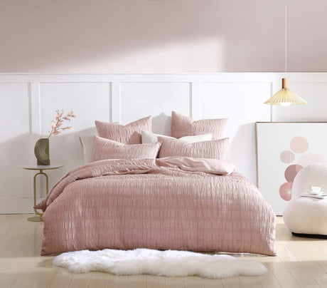 Super King Duvet Cover Set in August Dusk, featuring pick stitch crinkle design, 100% polyester, and serene color palette.