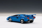 Diecast 1/43 Lamborghini Countach 5000S in blue, featuring opening doors and detailed engine, ideal for collectors.