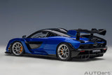 1/18 scale diecast model of the McLaren Senna in striking blue, showcasing exquisite details and high-performance design.