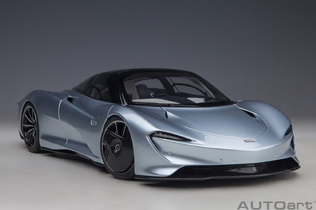 1/18 scale diecast model of the McLaren Speedtail in Frozen Blue, showcasing exquisite details and sleek design.