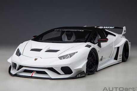 Diecast model of 1/18 LB-Walk Huracan GT in white, showcasing detailed craftsmanship and iconic Lamborghini design elements.