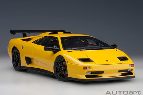 1/18 scale diecast Lamborghini Diablo SV-R in vibrant Superfly Yellow, showcasing detailed craftsmanship and race-inspired design.