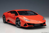1/18 scale diecast Lamborghini Huracan Evo in vibrant orange, showcasing exquisite details and sleek design for collectors.