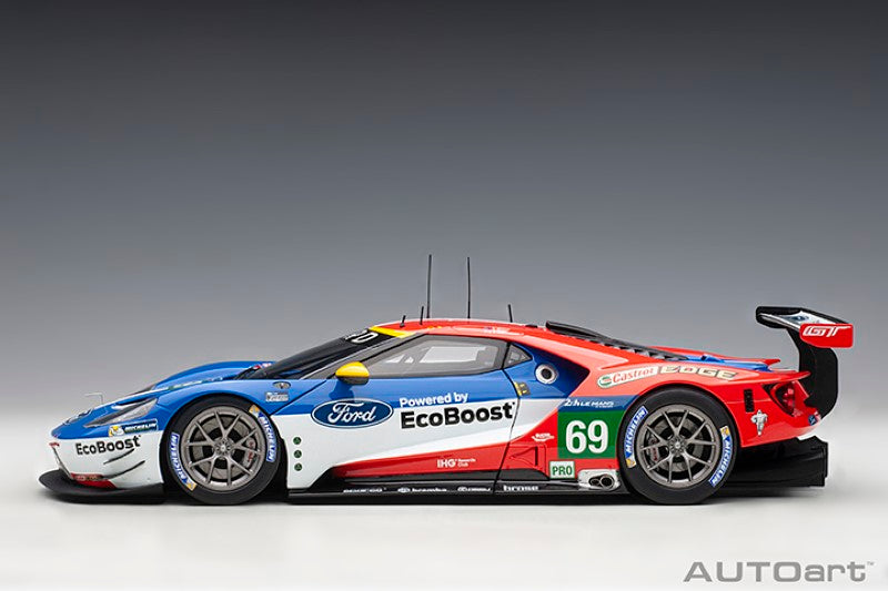 Diecast model of the 2016 Ford GT #69 driven by Scott Dixon, showcasing meticulous detail and sleek design.