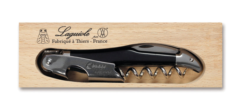 Elegant black waiters knife with stainless steel corkscrew and resin handle, perfect for wine enthusiasts and connoisseurs.