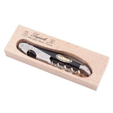 Elegant black waiters knife with stainless steel and resin handle, perfect for wine lovers, presented in a stylish wooden box.