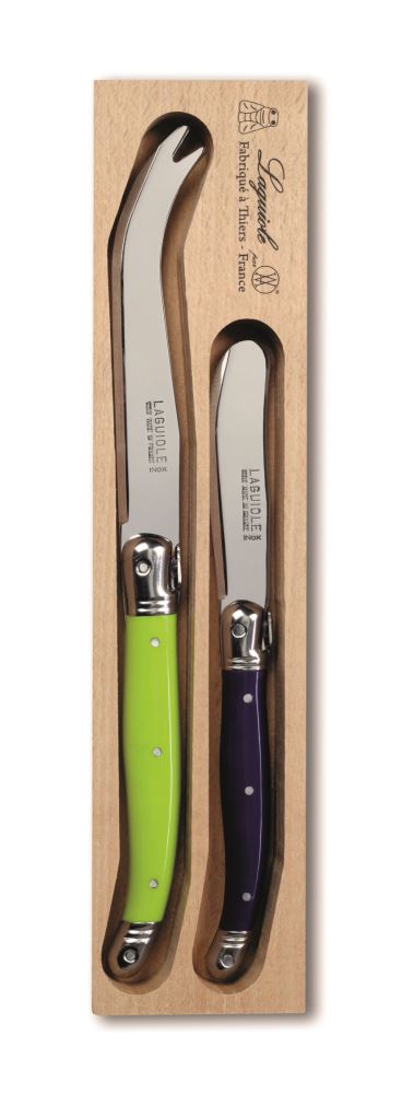 Elegant two-piece cheese knife and spreader set with colorful resin handles and stainless steel blades, featuring Laguiole Bee emblem.