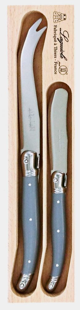 Mouse Grey cheese knife and spreader set featuring stainless steel construction and elegant resin handles, perfect for entertaining.