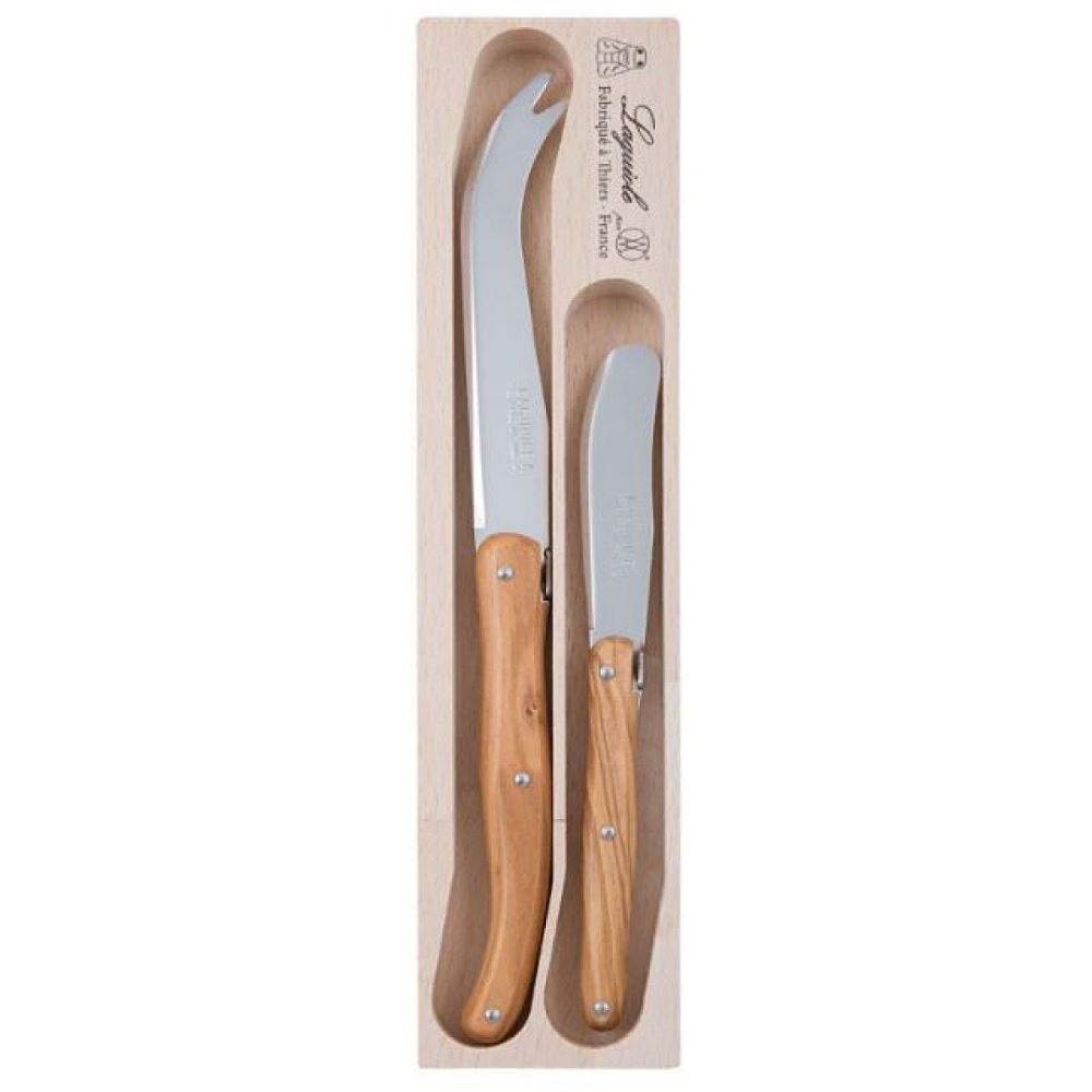 Elegant 2-piece cheese knife and spreader set with olive wood handles, perfect for serving and entertaining.