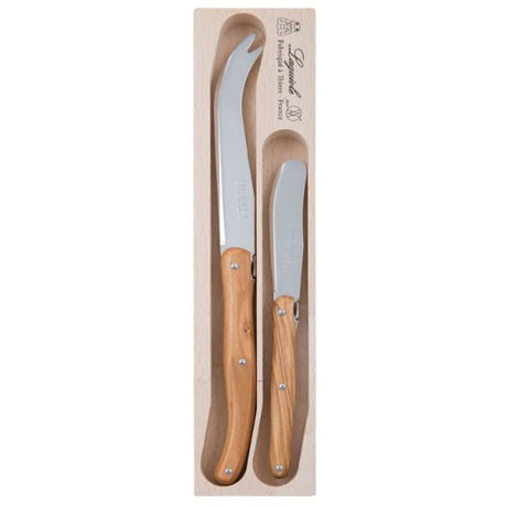 Elegant 2-piece cheese knife and spreader set with olive wood handles, perfect for serving and entertaining.