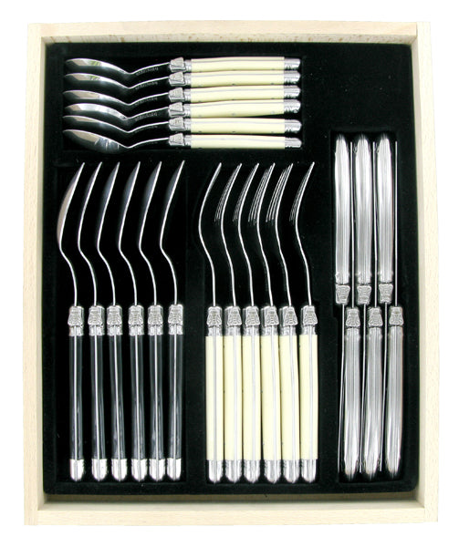 Elegant 24-piece Verdier cutlery set in ivory and black, featuring stainless steel utensils and the iconic Laguiole Bee emblem.