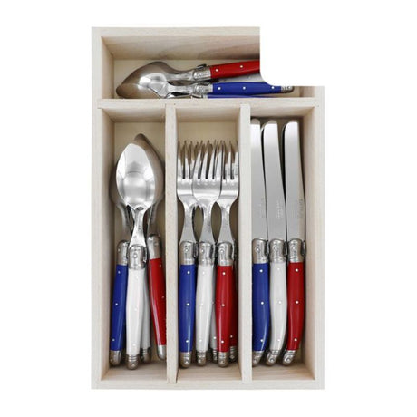 Vibrant 24-piece Verdier cutlery set in red, white, and blue with stainless steel and resin handles, presented in a gift box.