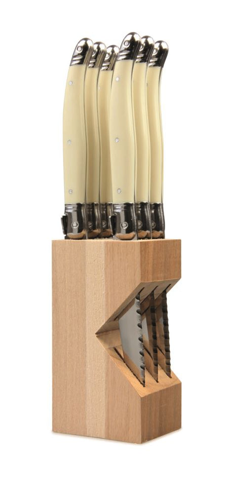 Verdier Knife Block Set 6 Ivory featuring six stainless steel knives with elegant ivory resin handles and Laguiole Bee emblem.