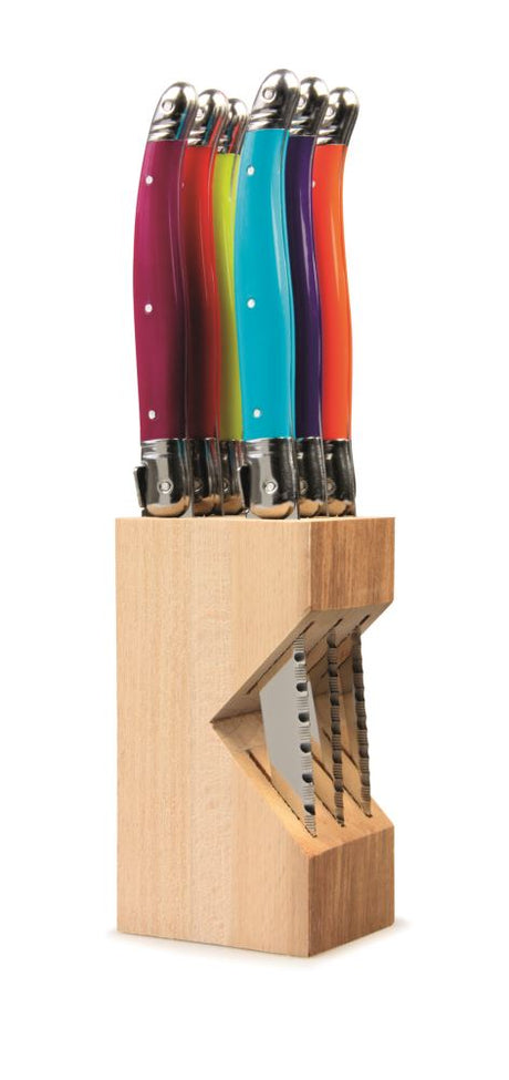 Stainless steel knife block set in vibrant resin handles, featuring Laguiole Bee emblem, perfect for chef-level culinary tasks.