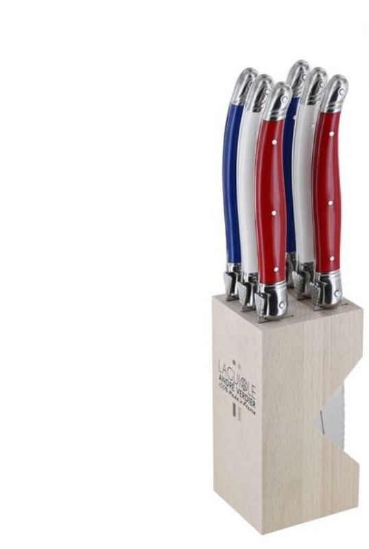 Colorful Verdier Knife Block Set featuring stainless steel blades, resin handles, and a wooden block in red, white, and blue.