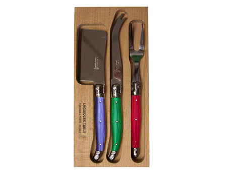 Vibrant blue, green, and red cheese set by Andre Verdier, featuring stainless steel tools with elegant resin handles.