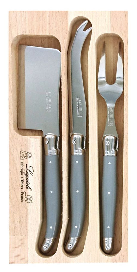 Three-piece Verdier cheese set in Mouse Grey featuring stainless steel blades, resin handles, and a wooden gift tray.