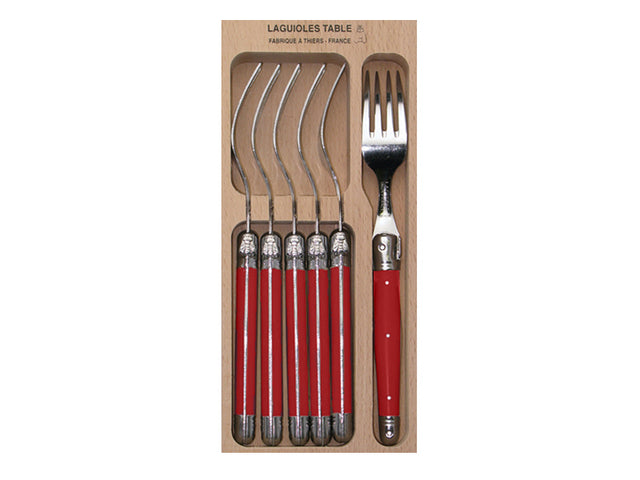 Bright red stainless steel fork set of 6 with Laguiole Bee emblem, packaged in a wooden gift tray. Ideal for festive dining.