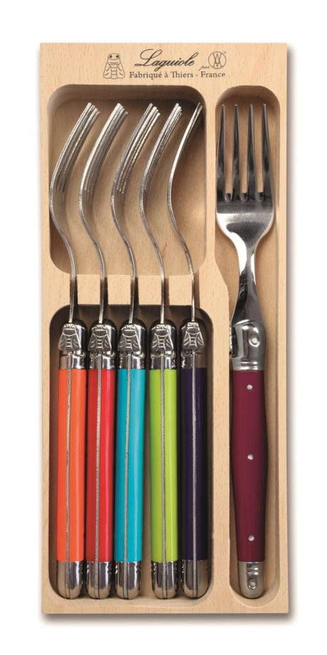 Colorful Verdier Fork Set Multi featuring six stainless steel forks with Wild Flowers design and iconic Laguiole Bee, beautifully packaged.