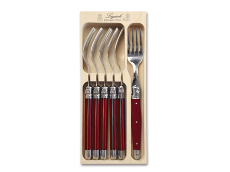 Set of 6 elegant red forks with stainless steel and colorful resin handles, featuring the iconic Laguiole bee emblem.