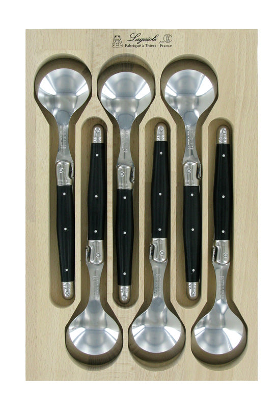 Black Verdier soup spoon set of 6, crafted in France with stainless steel and resin handles, featuring the Laguiole Bee.