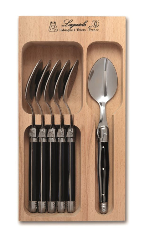 Elegant Verdier Teaspoon Set of 6 in black, featuring stainless steel construction and iconic Laguiole Bee emblem.