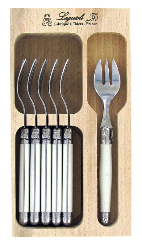 Elegant 6-piece Verdier Cake Forks set with white resin handles and Laguiole Bee, crafted from durable stainless steel.