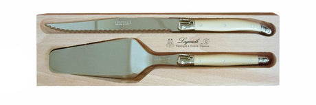 Elegant ivory cake server set made in France, featuring stainless steel and resin handles with the Laguiole Bee emblem.