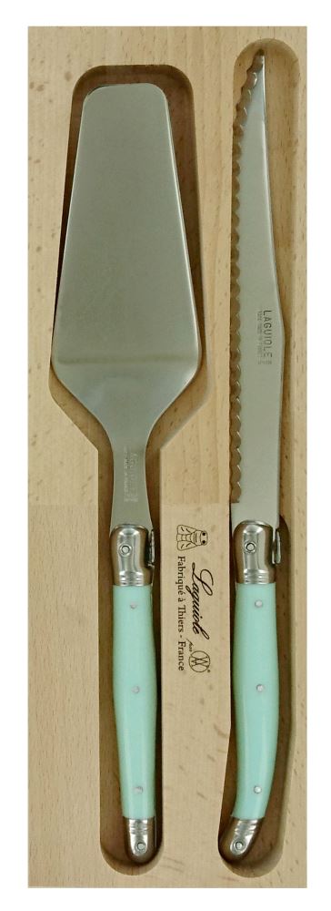 Pale green cake server set from France, featuring stainless steel and resin handles with Laguiole Bee, perfect for elegant dessert serving.