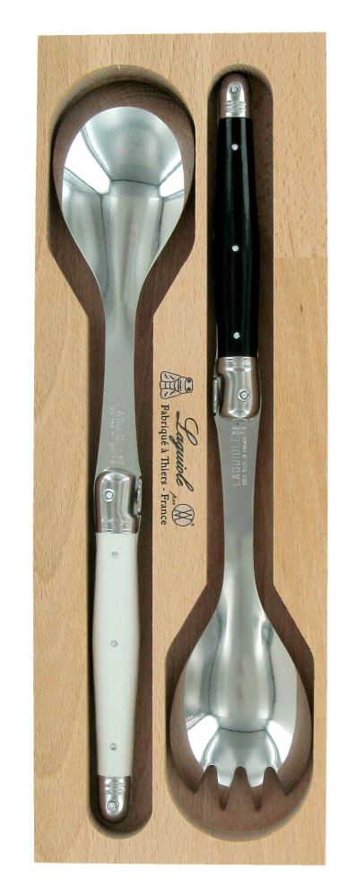 Elegant Verdier Salad Server Set in stainless steel with resin handles, showcasing Laguiole design and a bee emblem.