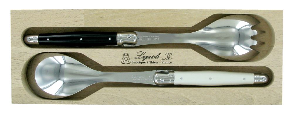 Elegant Verdier Salad Server Set Piano with stainless steel and resin handles, featuring the iconic Laguiole bee emblem.