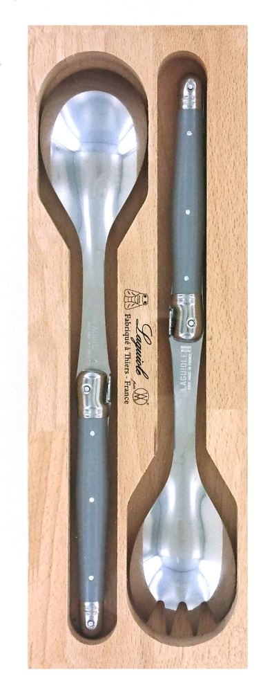 Mouse Grey salad server set with stainless steel utensils and resin handles, featuring the Laguiole bee emblem, elegantly packaged.