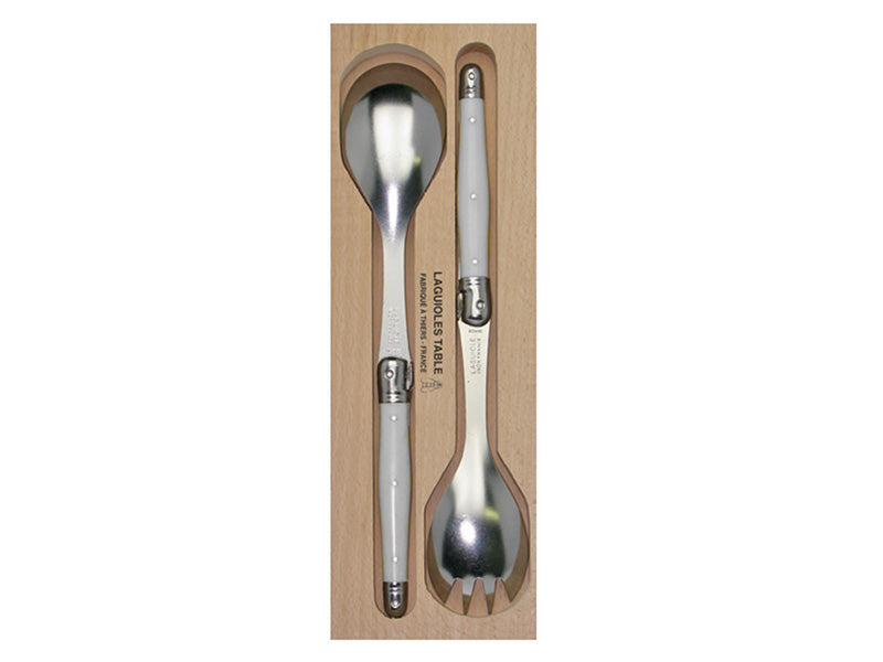 Elegant Verdier Salad Server Set in White, featuring stainless steel construction and luxurious resin handles, packaged in a wooden gift tray.