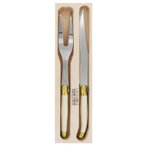 Elegant Verdier Carving Set featuring stainless steel blades and ivory handles with Laguiole Bee, perfect for festive dining.