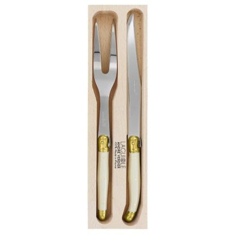Elegant Verdier Carving Set featuring stainless steel blades and ivory handles with Laguiole Bee, perfect for festive dining.