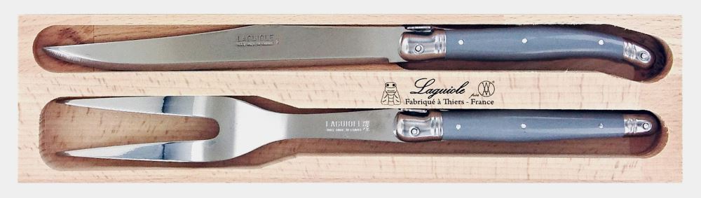 "Mouse Grey Verdier Carving Set featuring stainless steel knives and ergonomic resin handles with Laguiole Bee emblem."