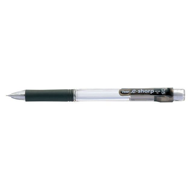 Pack of 12 Pentel E-Sharp 0.5mm mechanical pencils with black barrel, lead maximizer, rubber grip, and built-in erasers.