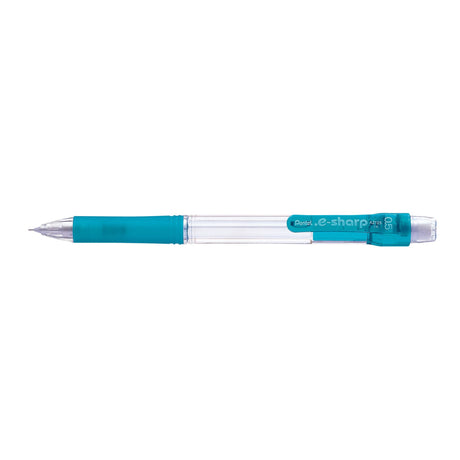 PENTEL E-SHARP mechanical pencil set of 12 with sky barrel, 0.5mm lead, rubber grip, clear visibility, and eco-friendly design.