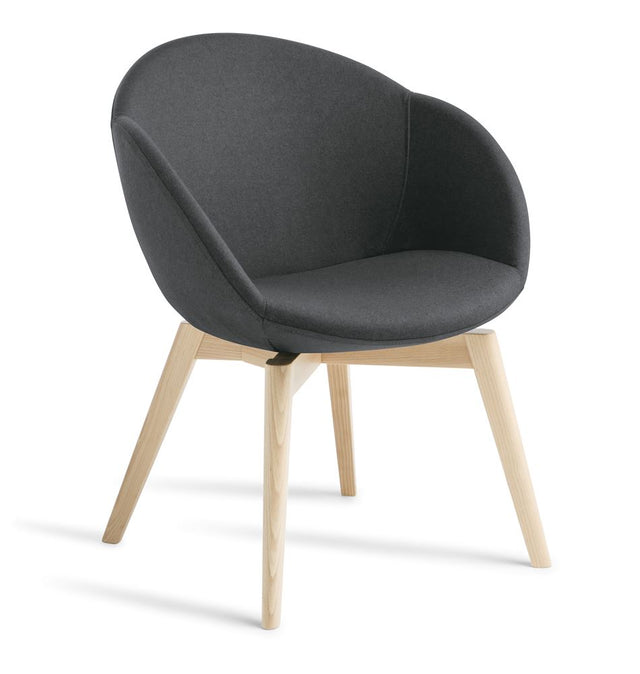 Armchair Amelia in Dolly Charcoal with natural timber base, featuring elegant design and high-comfort foam shell for modern spaces.