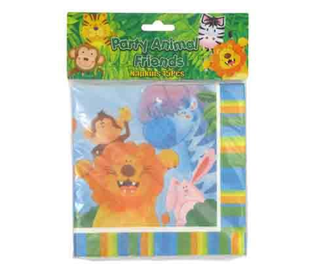 Colorful "Animal" birthday napkins featuring whimsical designs, perfect for kid's jungle-themed parties, pack of 90.