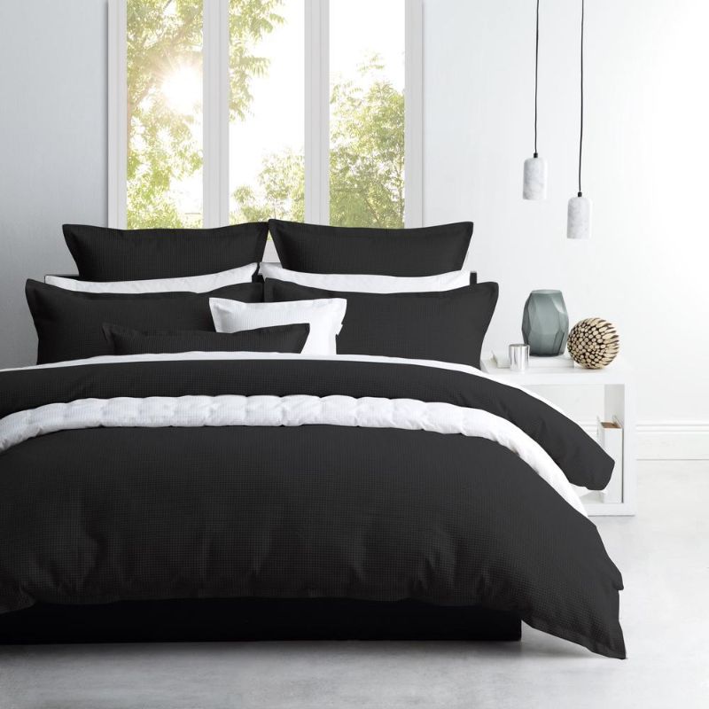 Luxurious Platinum ASCOT GRANITE quilt cover set featuring textured waffle weave, tailored flange, and matching pillowcases.