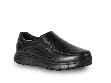 Black leather slip-on safety shoe with alloy toecap, memory foam footbed, and slip-resistant outsole, size 5.